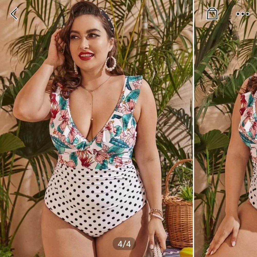 Size: 4XL - Tropical Floral & Polka Dot Ruffle One Piece Swimsuit - Picture 1 of 4